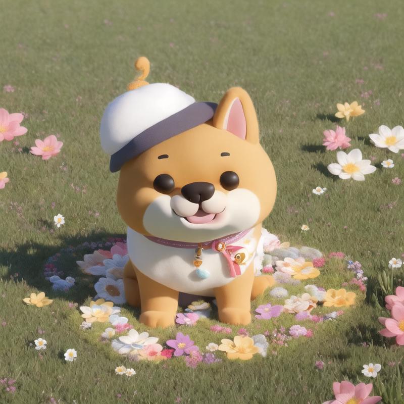 00042-683606720-(masterpiece, best quality_1.1)A cute dog,  in a flowery dress with a  hat on the grass. Soft light and white background，Chibi,.png